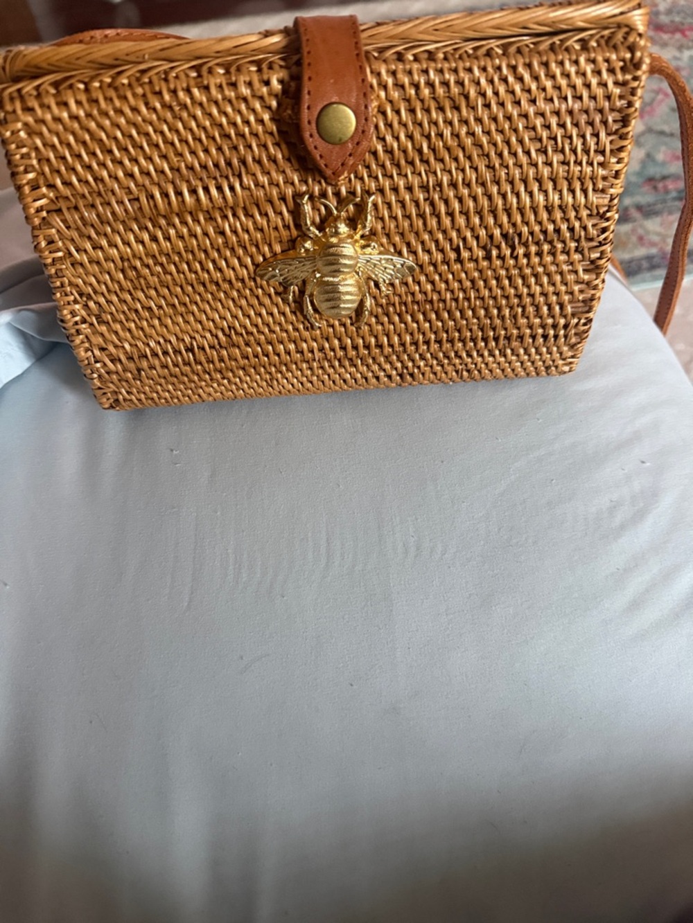 LL Woven Straw Crossbody Bag with Gold Bee Accent - Tan